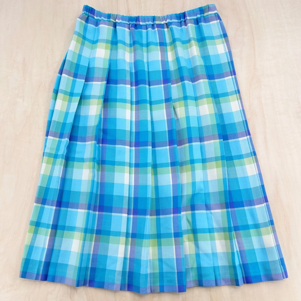 Vintage Plaid Pleated Midi Skirt Womens 14 Blue Green A-Line Bright Preppy 90s